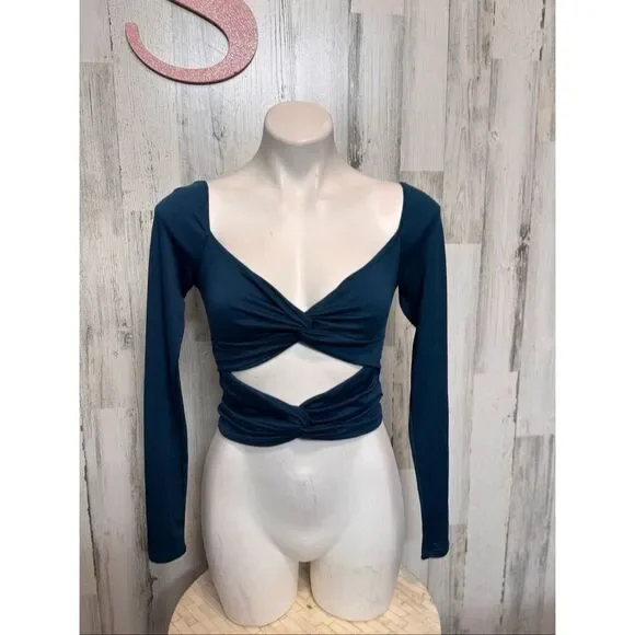 Windsor Teal Cutout Twist Long Sleeve Crop Top Women’s Size Small - Picture 2 of 8